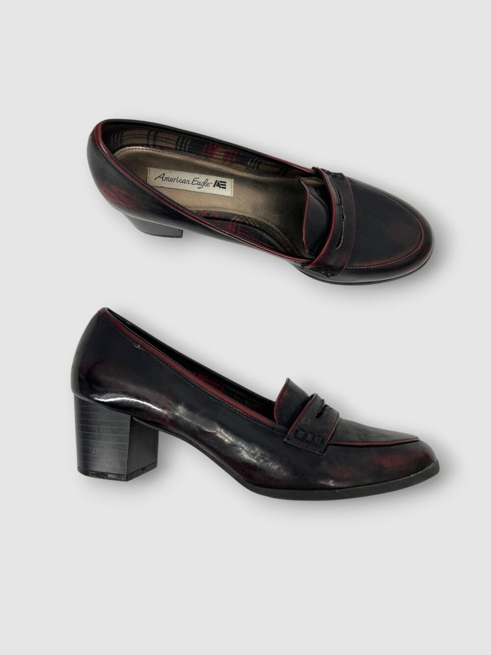 Y2k American Eagle Penny Loafer Block Heel Black Oxblood Size 8